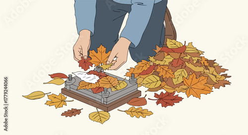Person pressing autumn leaves