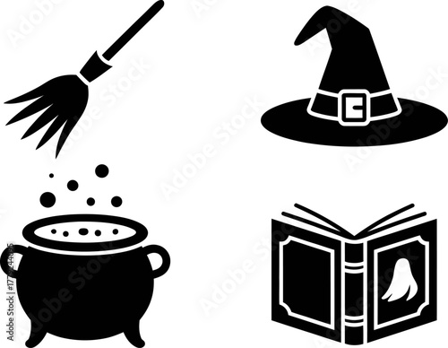 Whimsical collection of Halloween symbols: witch hat, cauldron, broom, and spellbook