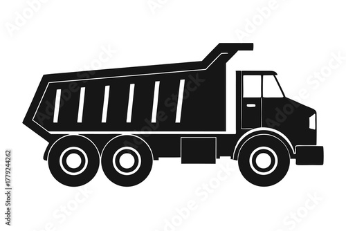 A dump truck with its bed raised isolated on a white background