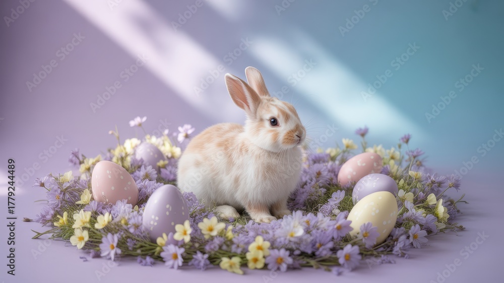 Fototapeta premium Cute easter bunny surrounded by pastel eggs and spring flowers
