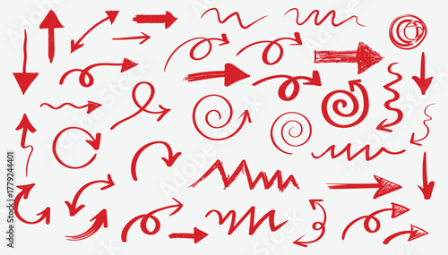 Hand drawn chalk and crayon arrows collection. Scribble swirl direction icons. Grunge sketch style marker and pastel arrow elements.