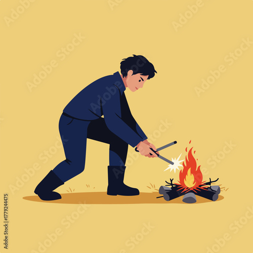 A person in a blue outfit is using tongs to tend to a campfire. The scene has a flat, illustrative style