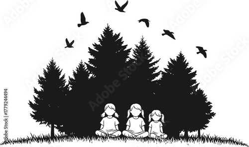 Silhouette, children, sitting, nature, trees, grass, outdoor, park, birds, peaceful, countryside, black and white, lifestyle, scenic, bonding, freedom, minimalistic, calm, togetherness, tranquility