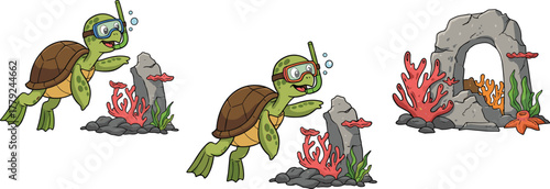 Cute cartoon turtle swimming underwater with snorkeling mask exploring coral reef and ocean rocks, fun marine life adventure illustration
