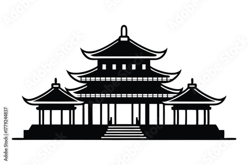 Traditional east asian pagoda style building architecture silhouette isolated on white background