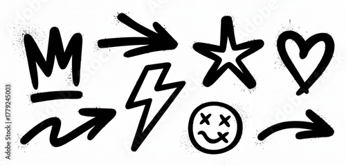 Hand drawn graffiti spray paint elements isolated on white background for decoration