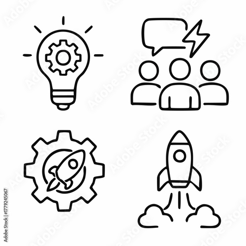 Set of four thin line editable icons representing business idea generation brainstorming sessions innovation concepts and startup launch processes