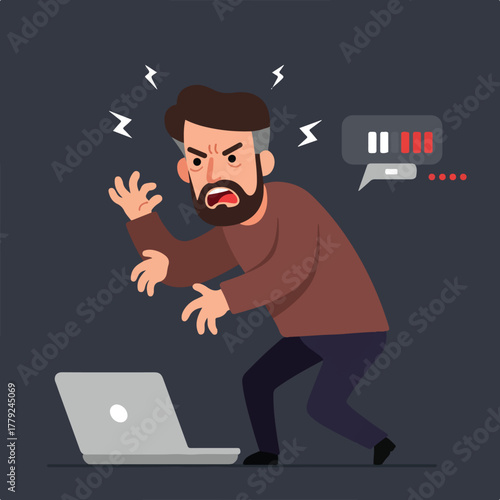 An irate man stares at a laptop as loading bars appear in a speech bubble, accompanied by lightning bolts