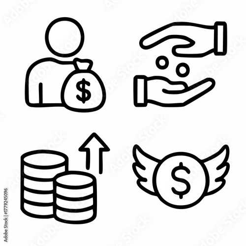 Set of four thin line editable icons representing investor funding venture capital and angel investor for financial and business concepts