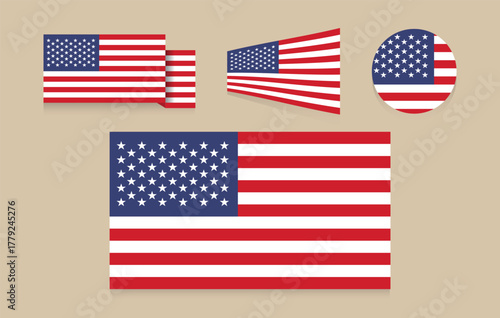 Set of USA Flag Vector Designs. Perfect for Independence Day graphics, patriotic themes, web design, posters, and national celebration projects.