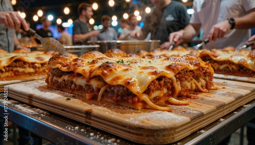 Fototapeta Naklejka Na Ścianę i Meble -  Close up of freshly made lasagna being served at a food market with people in the background