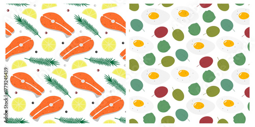 Salmon Steak with Seasoning and Fried Eggs Greens and Brussels Sprouts Seamless Pattern Healthy Food. Isolated Vector illustration Food Poster Media post or Promo banner, leaflet, label, price tag Set