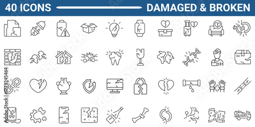 Damaged, Broken Web Icon Set in Line or outline Style. Icon For Web and Mobile App. Linear icon collection. Editable stroke. Vector illustration.