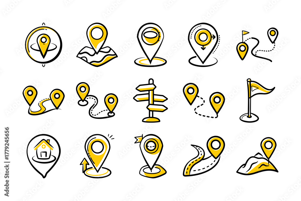 Fototapeta premium Yellow Map and Location Icons Set – GPS, Navigation, and Travel Vector Design