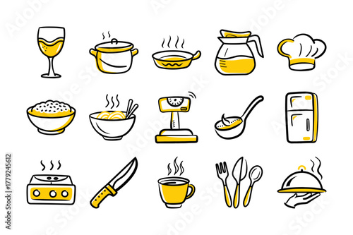 Yellow Kitchen and Cooking Icons Set – Food, Restaurant, and Culinary Vector Design
