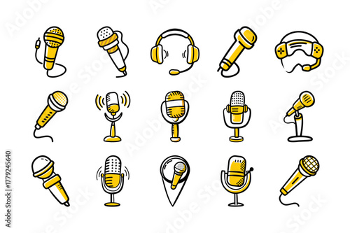 Hand-Drawn Microphone and Audio Equipment Icons – Podcast, Music, and Broadcast Vector Set