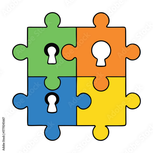 Four vibrant puzzle pieces—red, blue, green, and yellow—interlocked perfectly, symbolizing unity, teamwork, and the beauty of fitting diverse parts into a whole.
