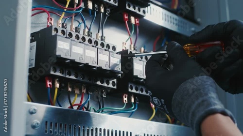 Electrician performing maintenance on industrial circuit breaker panel using screwdriver and protective gloves.