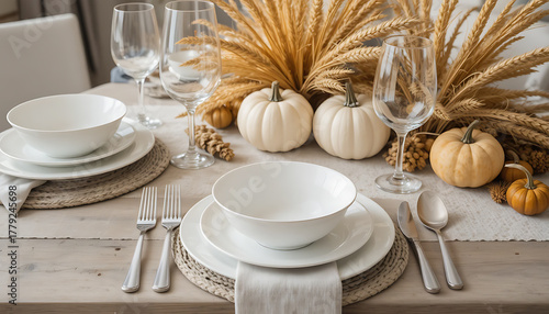 Autumn Thanksgiving Table Setting with White Dishes and Fall Decor