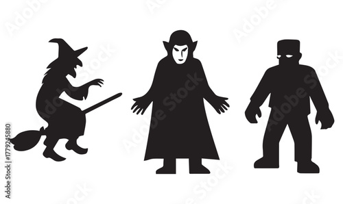 Halloween Silhouette Set – Witch Flying, Vampire Standing, Frankenstein Monster Icons