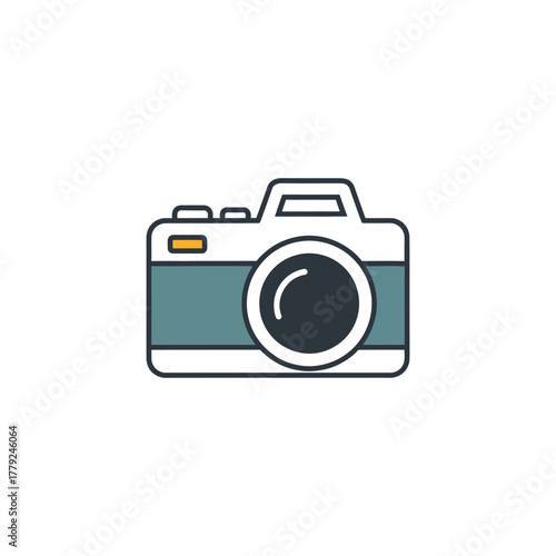Camera capturing memories with simple lines on white backdrop, representing photography and visual storytelling, minimalist.