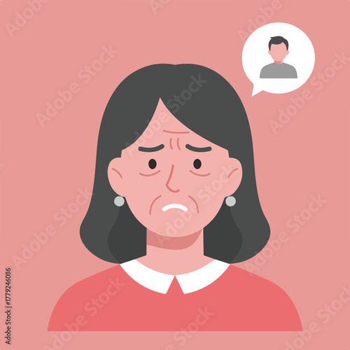 Illustration depicts a woman with concerned expression and a thought bubble showing a man's silhouette