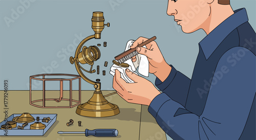 Person cleaning disassembled antique lamp