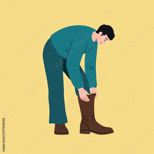 An illustration shows a person bending, pulling up a brown boot. The figure wears teal and dark trousers