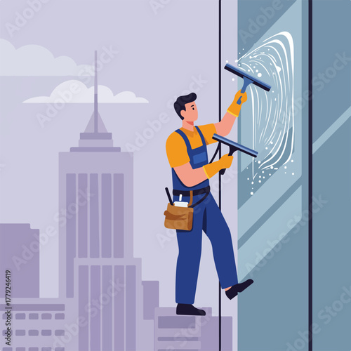 A window washer, equipped with squeegee and gloves, cleans a skyscraper window with city skyline in background