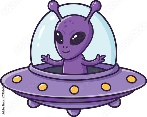 Cute purple alien in flying saucer spaceship, cartoon extraterrestrial character illustration, adorable space creature vector for kids and sci-fi design