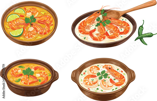 Delicious shrimp soup illustration, spicy seafood bowl, Asian cuisine, creamy coconut curry, traditional Thai food design, gourmet meal concept