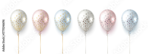 3d realistic vector icon illustration. Inflatable transparent pastel color balloons with golden sparkles inside. Isolated on white background.