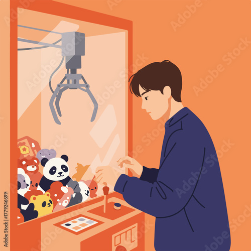 An illustration shows a man playing a crane game, focused on controlling the claw to win a plushie