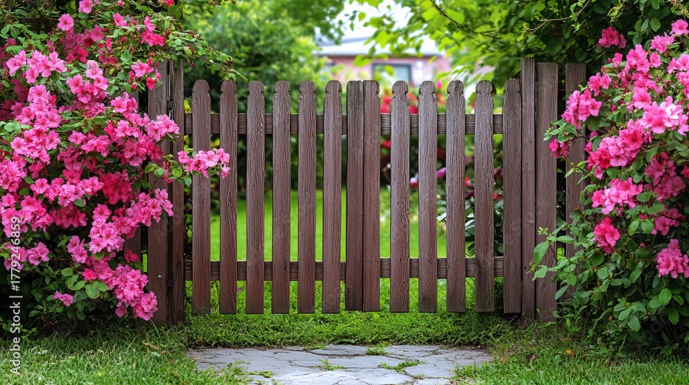 Obraz premium Wooden fence stands with blooming azalea bushes on either side in a green garden setting.