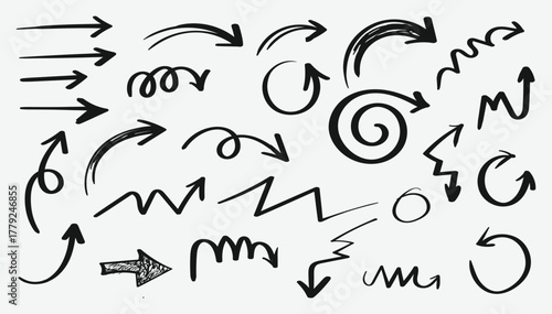 Grunge chalk marker arrow set. Childish doodle curved lines, wax crayons, and swirl direction shapes. Hand drawn vector graphic