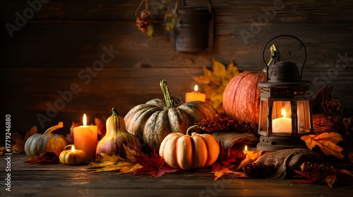 Unusually beautiful rustic autumn scene: colorful pumpkins, gourds and leaves surround an old-fashioned lamp plus glowing candles on wooden table, warm cozy perfect for festive holiday designs