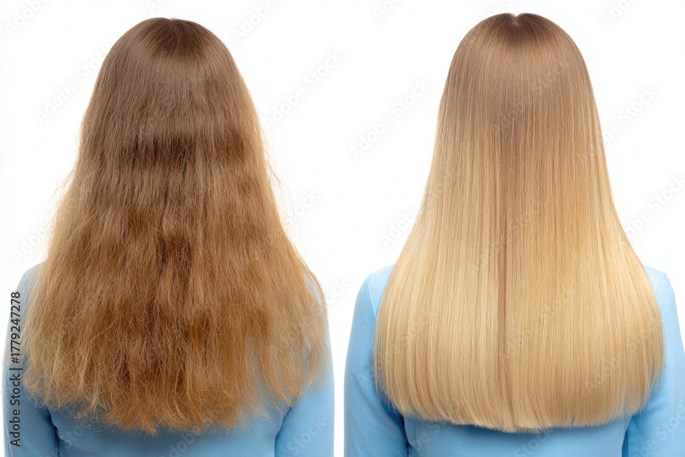 Fototapeta premium Sick, cut and healthy hair care straightening. Back view. Before and after treatment. Keratin. Beautiful long straight hair over a beauty procedure. Lady demonstrating new hair styling. Health of hair