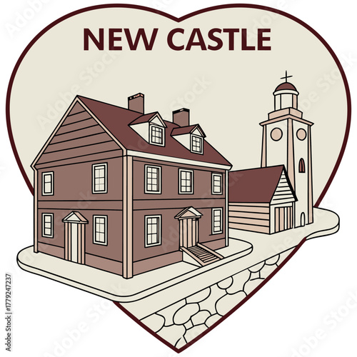 New Castle Heart Illustration Featuring Market Stall, Bell Tower, and Town Scene