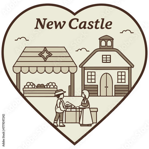 New Castle Heart Illustration Featuring Market Stall, Bell Tower, and Town Scene
