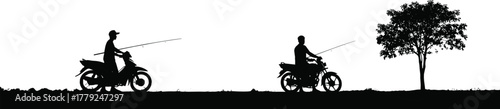 Silhouette, motorcycle, fishing rods, outdoor, leisure, nature, ople, travel, hobby, adventure, countryside, freedom, black and white, lifestyle, scenic, surreal, humorous, minimalistic, creative
