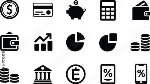 Financial Icons Set for Business and Investment Black and White Design