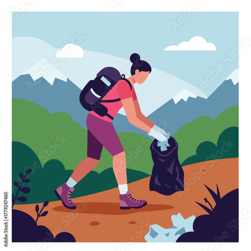 A person with a backpack picks up trash in a mountain setting. The person is wearing gloves and putting trash in a bag