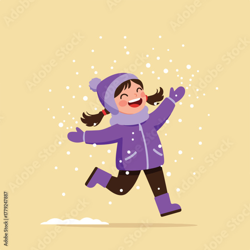 A joyful child in winter attire happily runs and catches falling snow, vibrant illustration