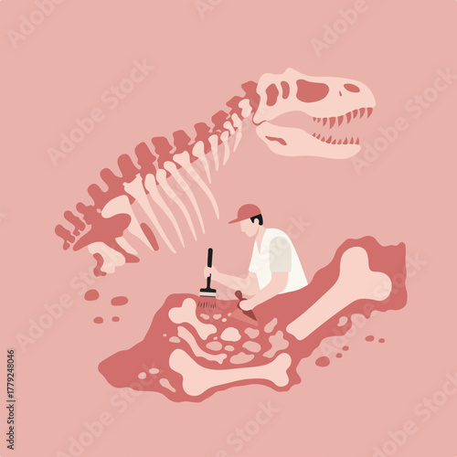 A graphic illustration of an archaeologist excavating a dinosaur fossil with skeleton in the background