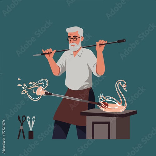 A glassblower with a swan form holds a glass object, creating art. Tools are depicted nearby