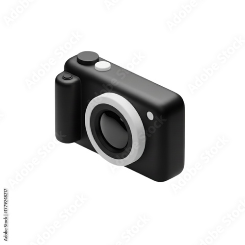 Minimalist 3D render of a black photo camera icon for digital media and photography concepts, isolated on a white background