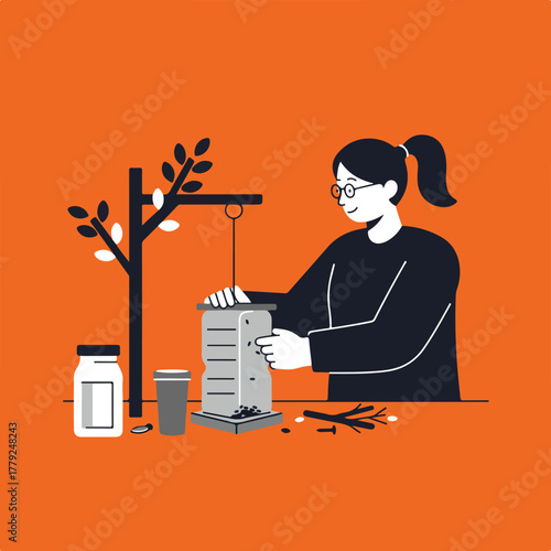 A person in glasses with a ponytail works with a machine, alongside a tree and jars, on an orange background