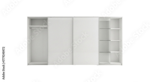Modern white wardrobe with sliding doors and shelves isolated on transparent background, providing ample storage space