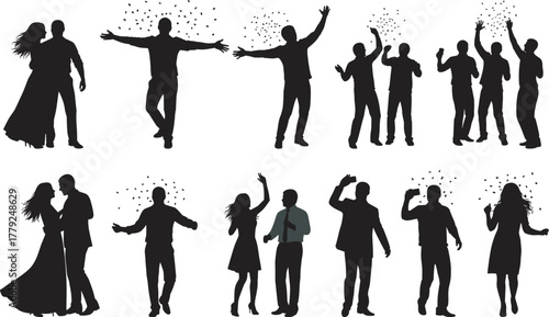 Dancing silhouettes, expressive poses, joyful movement, party celebration, adult and child figures, black and white illustration, social interaction, energetic dance, headphones, drinks, 