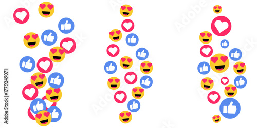 Vector flying red love hearts stream social media emoji icons pattern doodle feedback internet reaction comment post layout bubble confetti colorful celebration background like set design